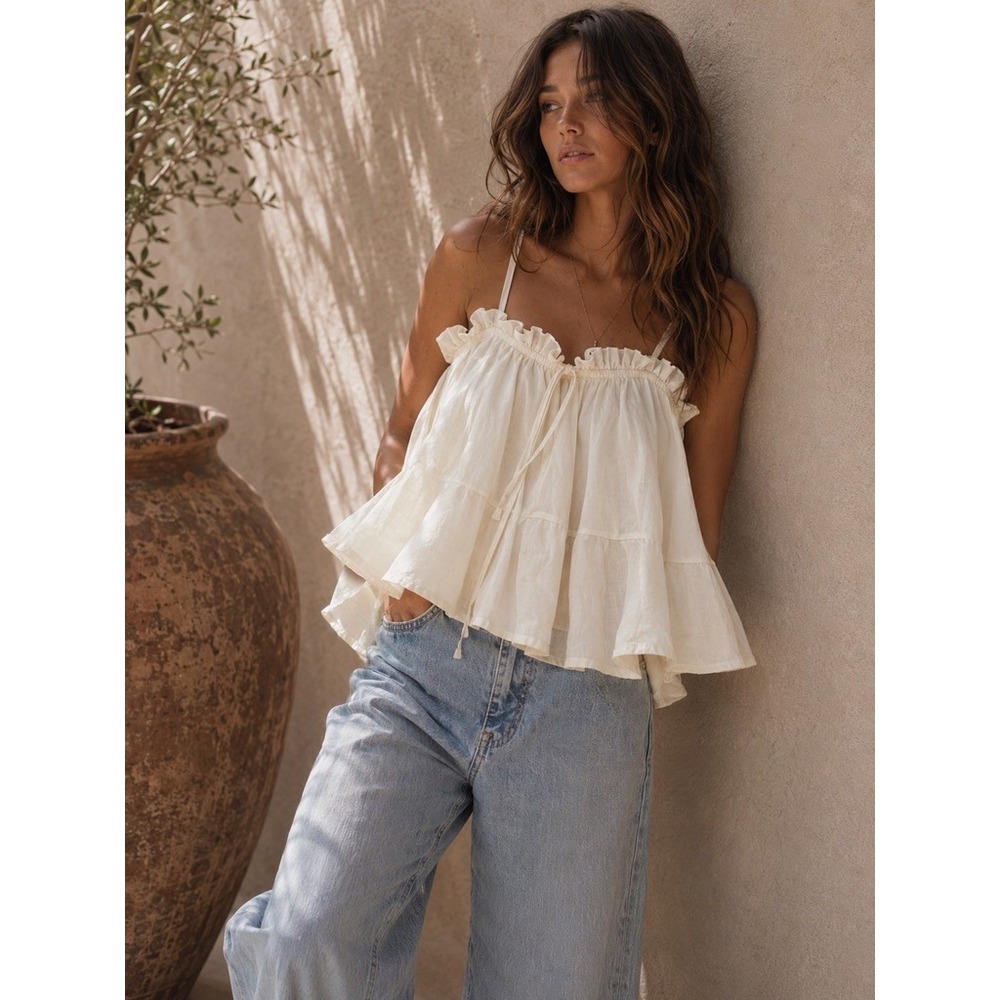 Pilcro Anthropologie Ivory Ruffle Babydoll Cami Top Small Cotton Linen Tiered